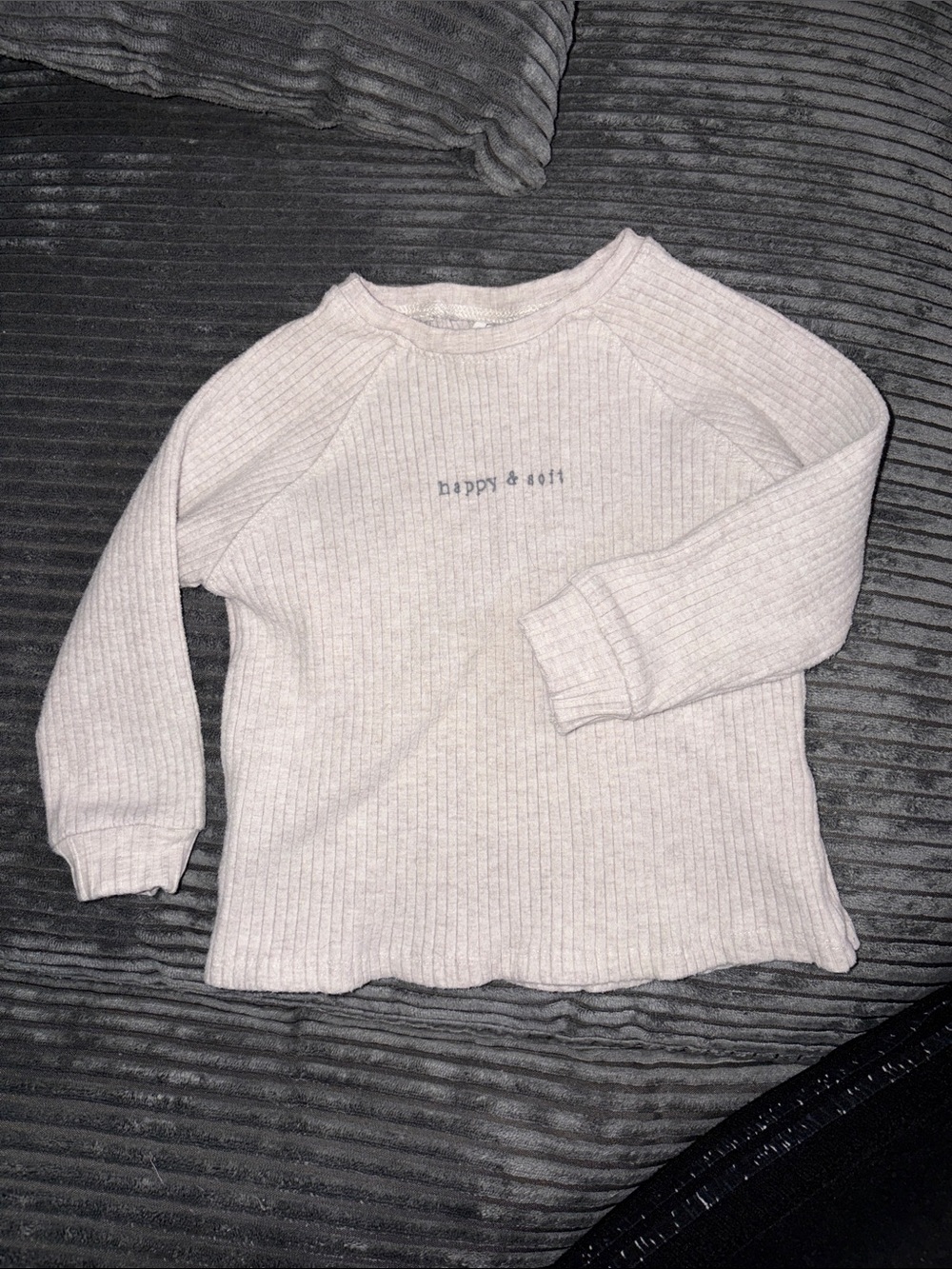 Zara Ribbed Baby Top — grey with 'happy & soft' Print